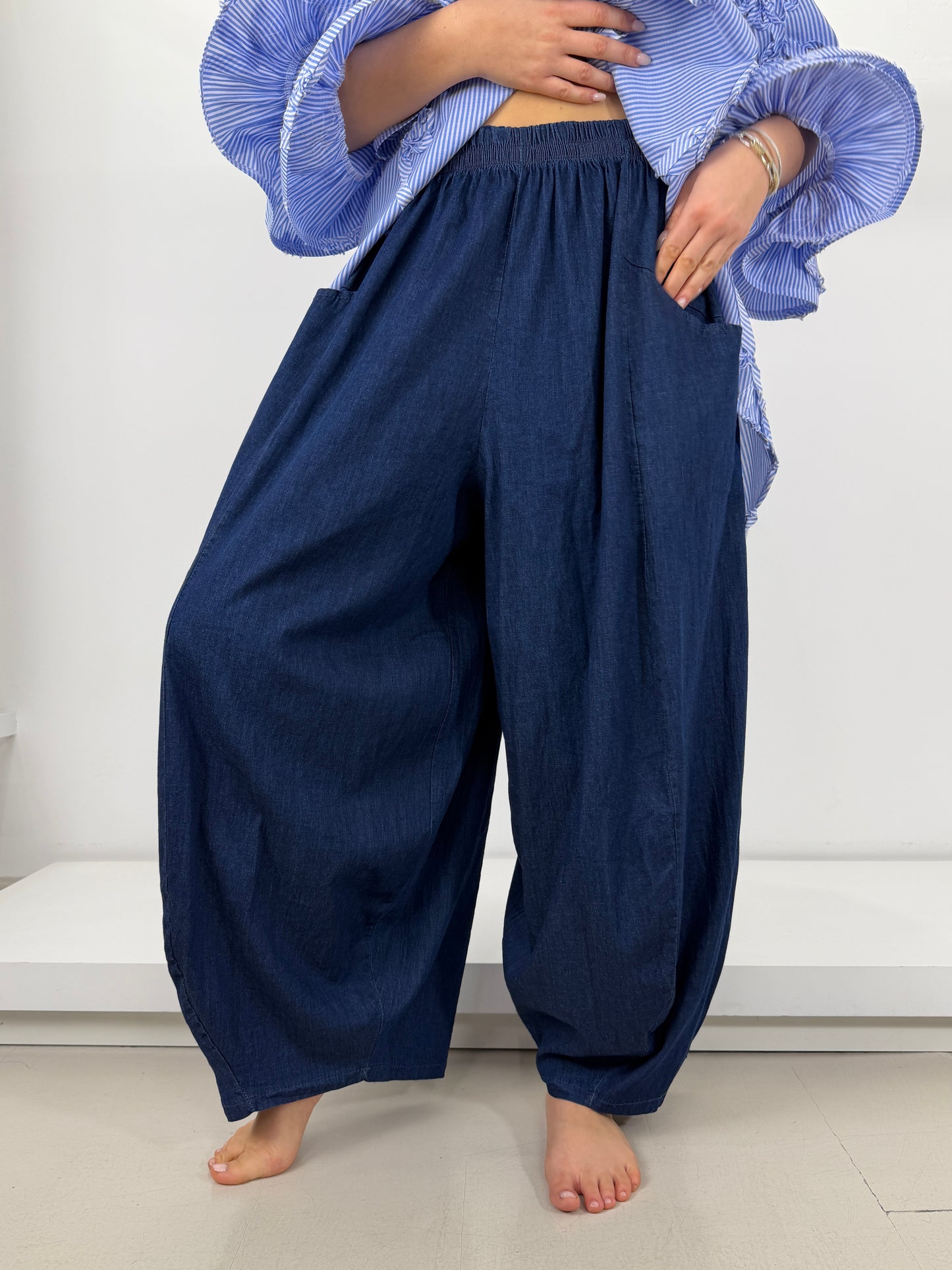 Pantalone jeans chambray tasche a nido