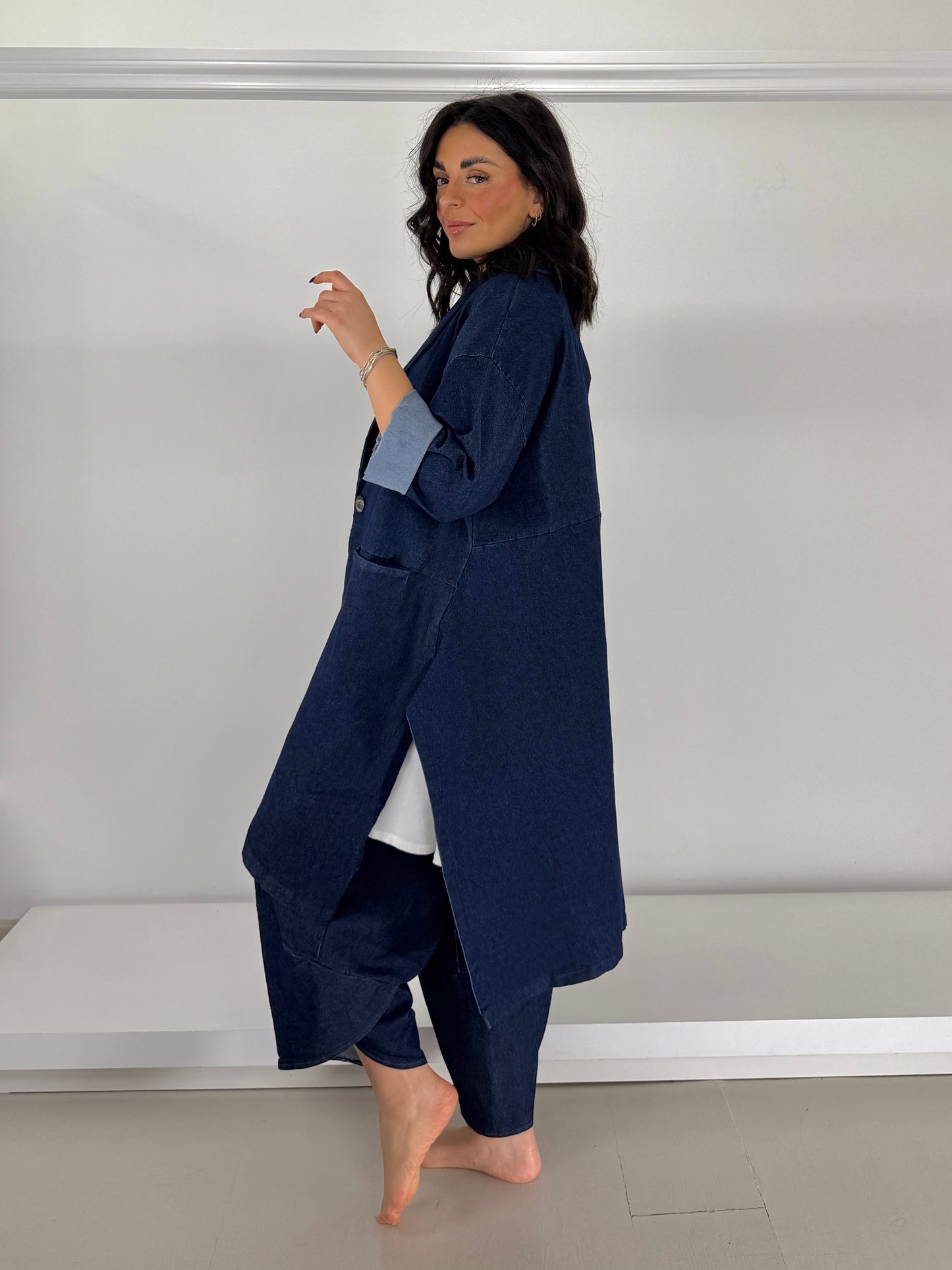 Spolverino jeans trapezio con spacchi