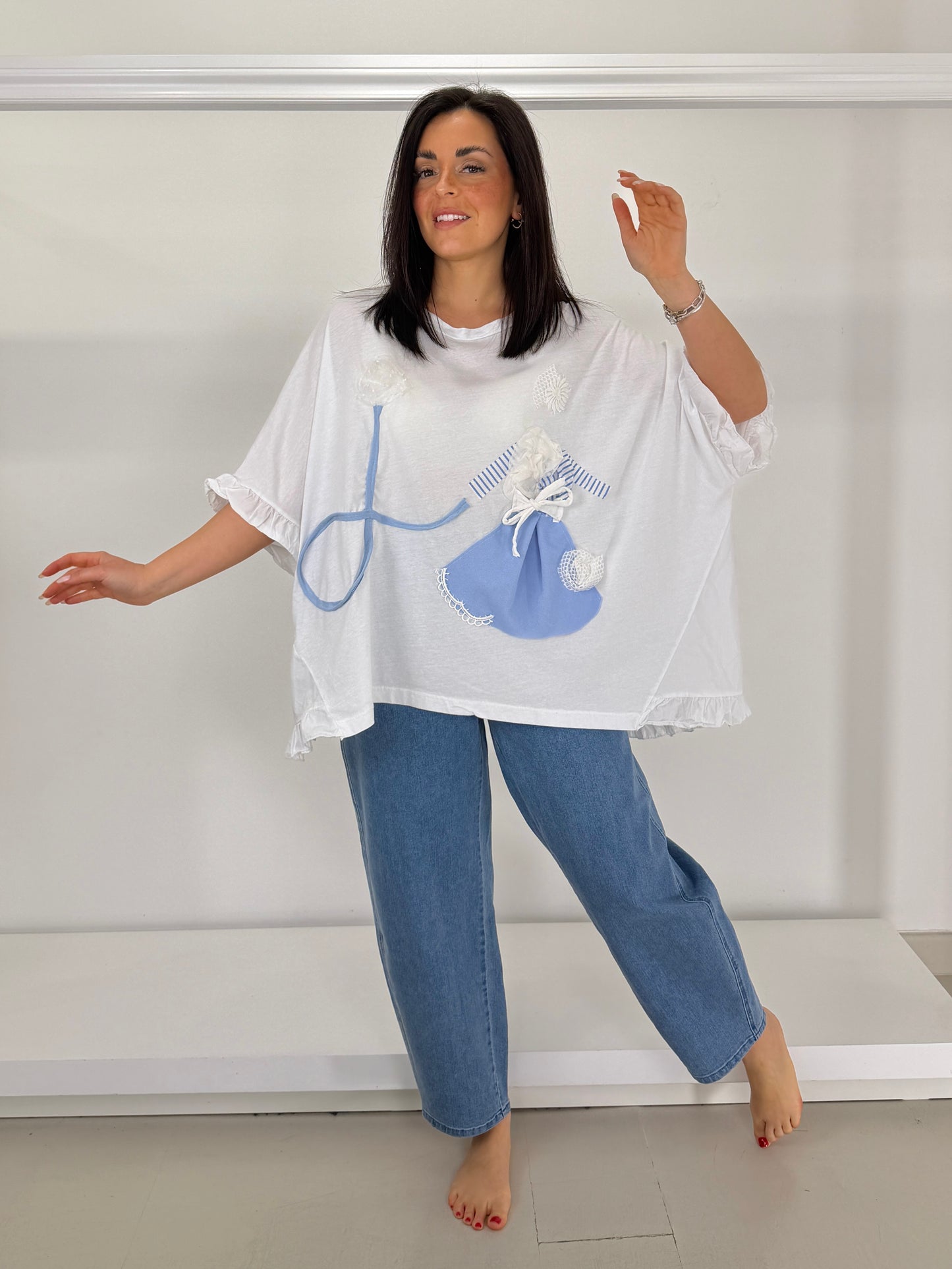 T-shirt due tessuti applicazione a mano - bianca