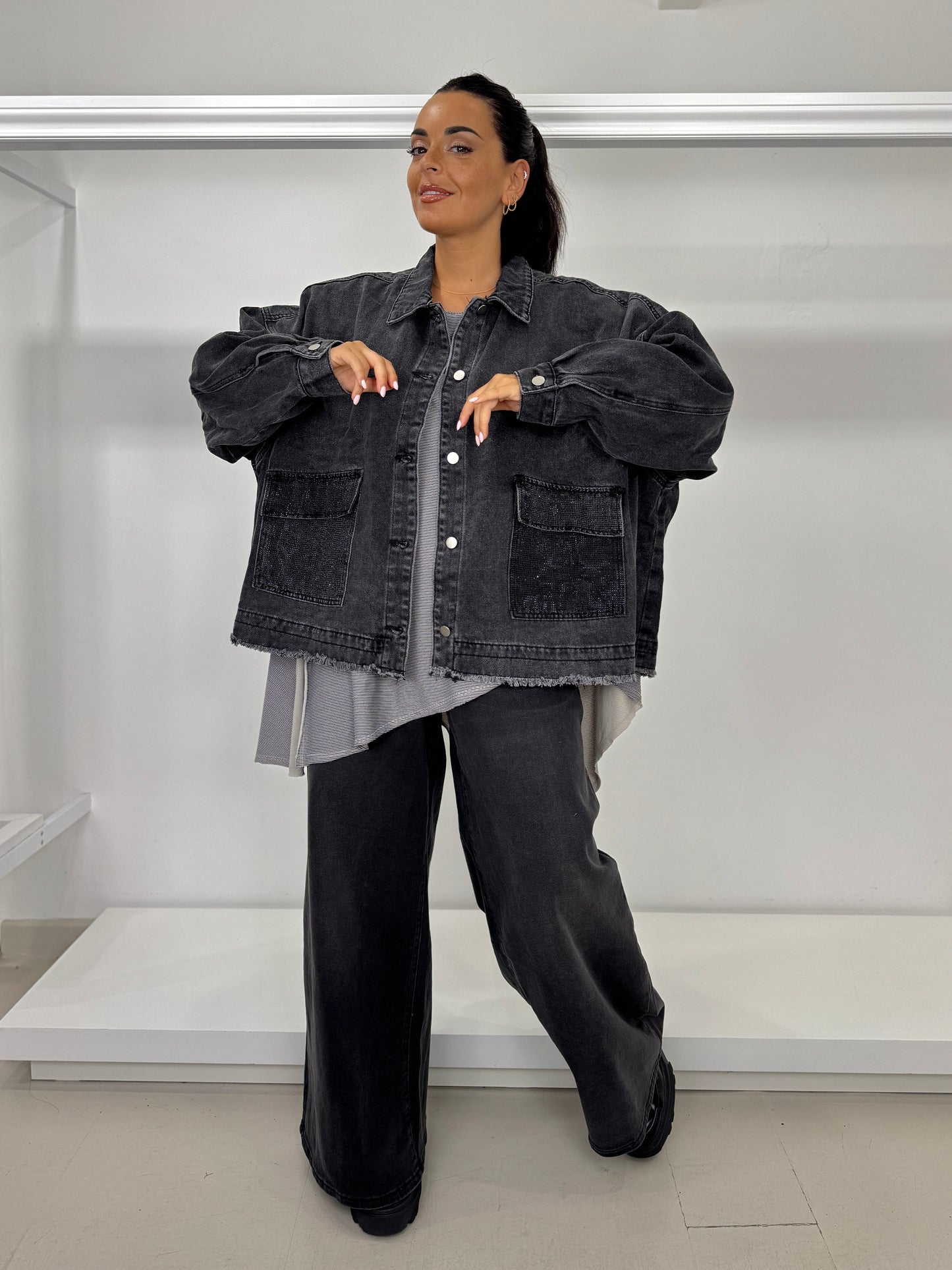 Giacca jeans tasca strass