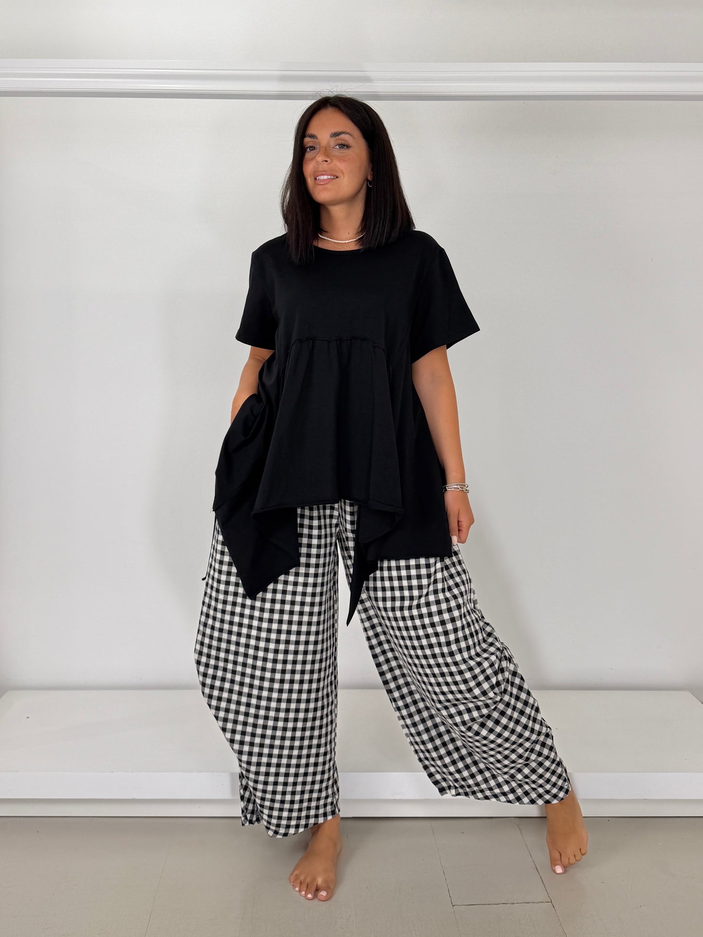 Pantalone con drappeggio in cotone leggero - quadri