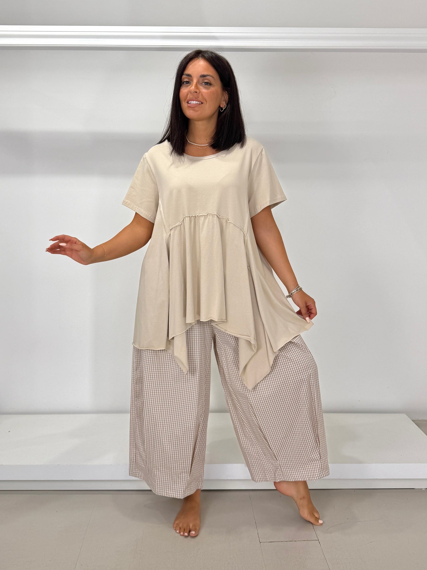 Pantalone fondo pence cotone leggero - vichy beige