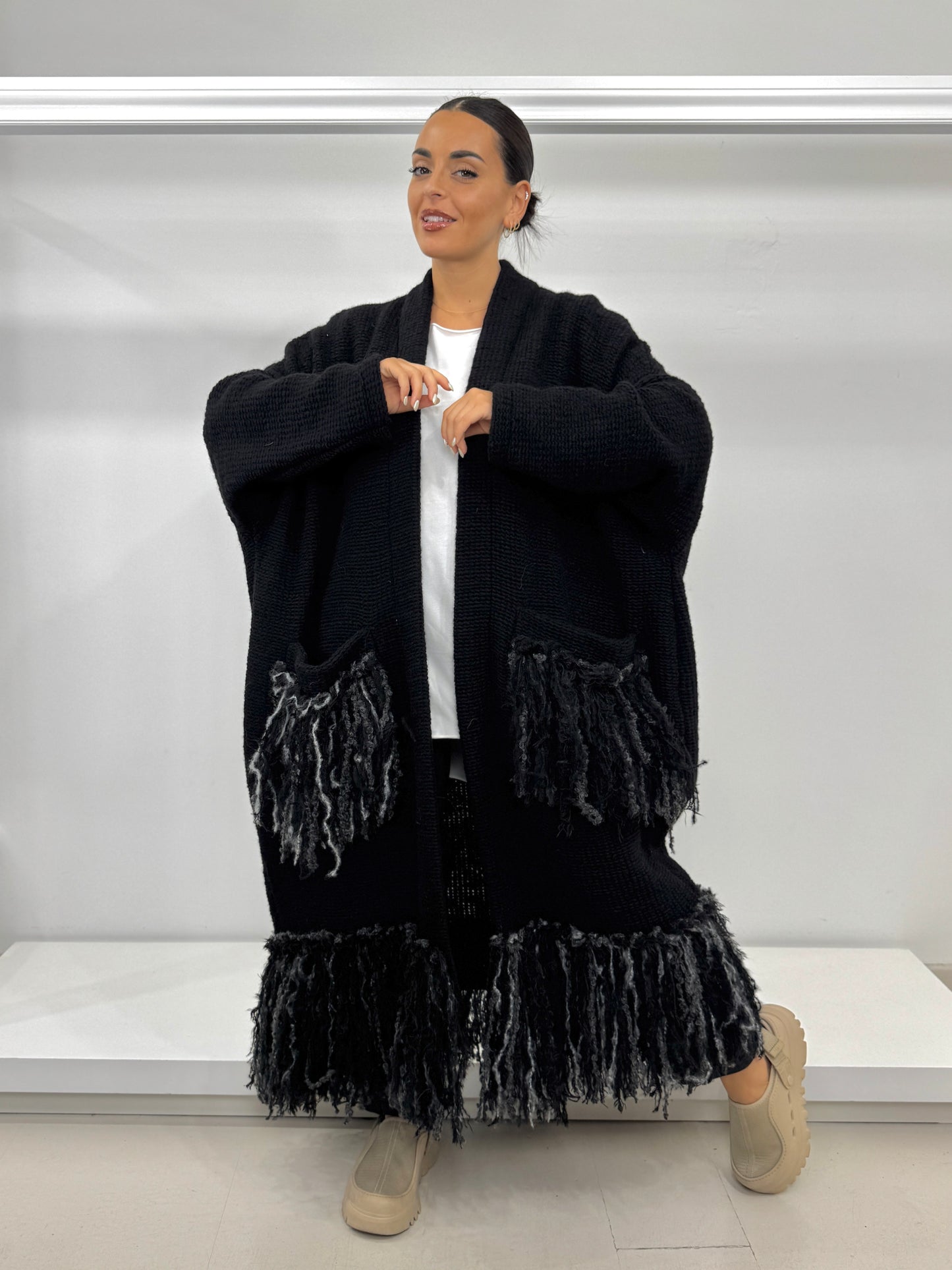 E.D. Cappotto in lana motivo frange
