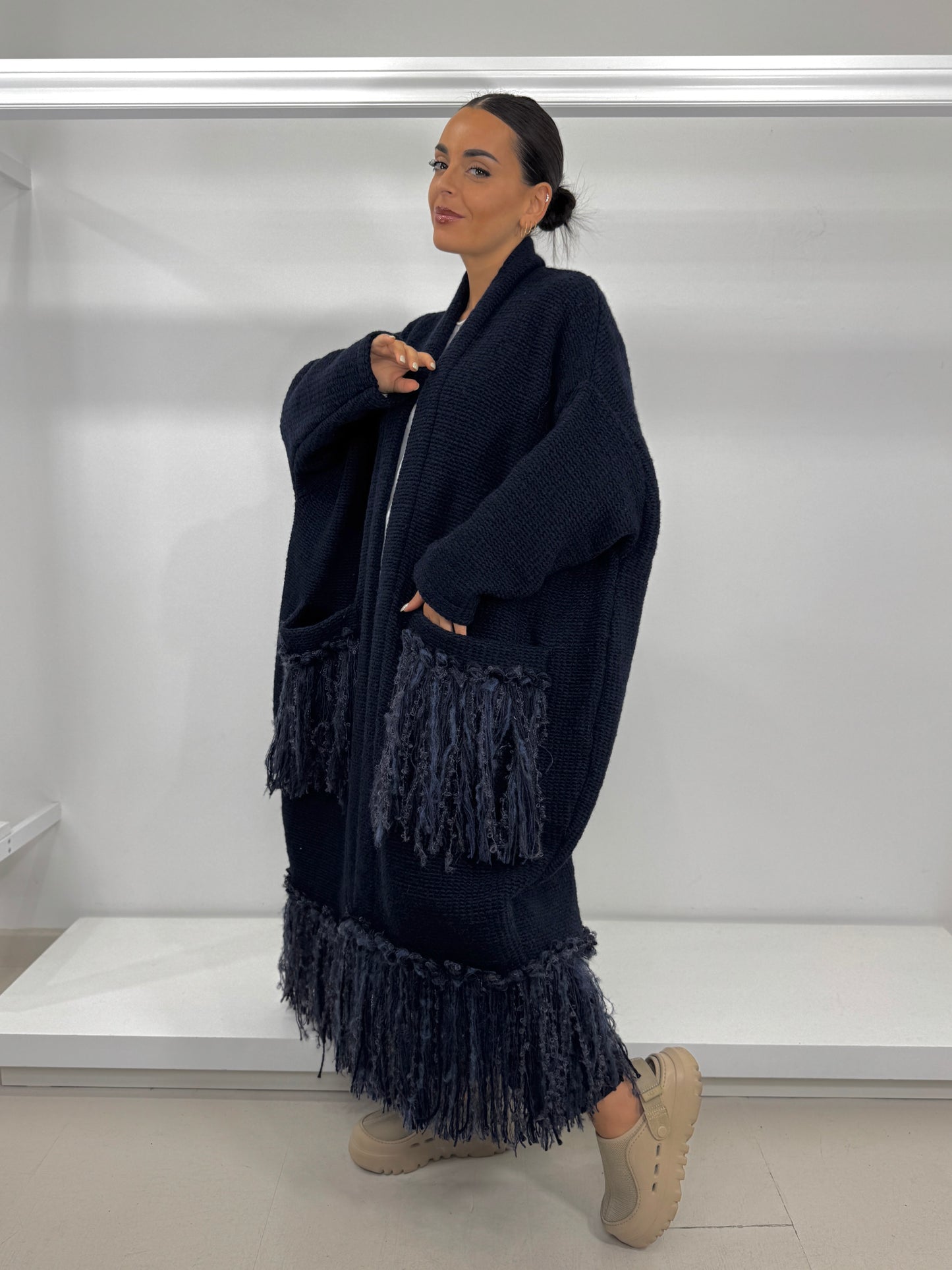E.D. Cappotto in lana motivo frange