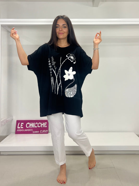 T-shirt fiori ricamo e paillettes