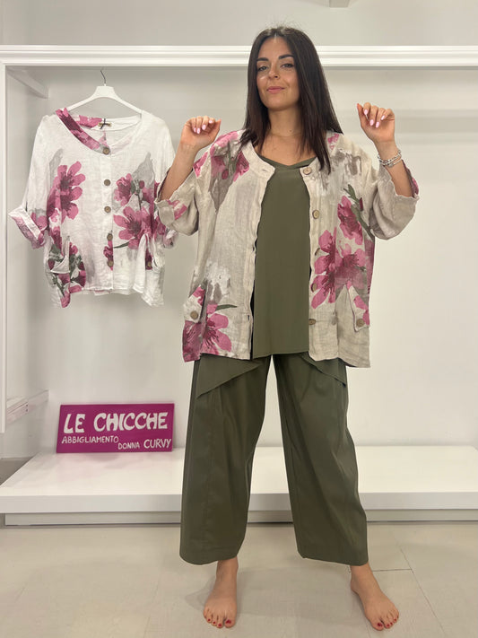 Camicia lino scollo V fantasia