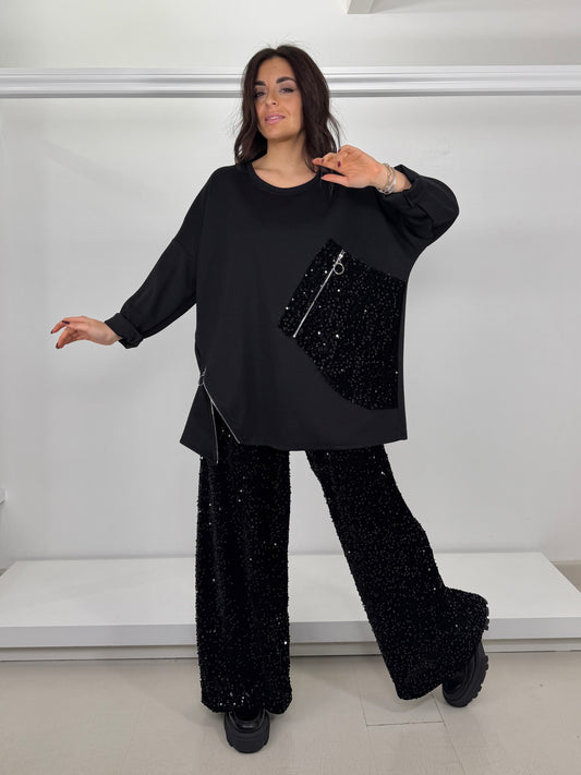Maglia tasca paillettes e cerniere