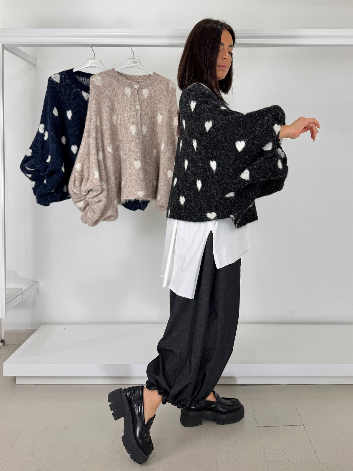 Cardigan cuori manica arricciata
