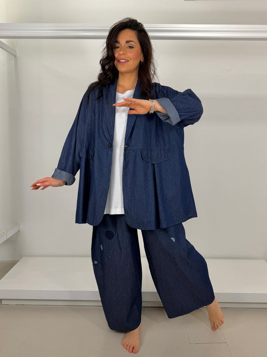 Pantalone jeans chambray gamba larga ovetto inserto bolli