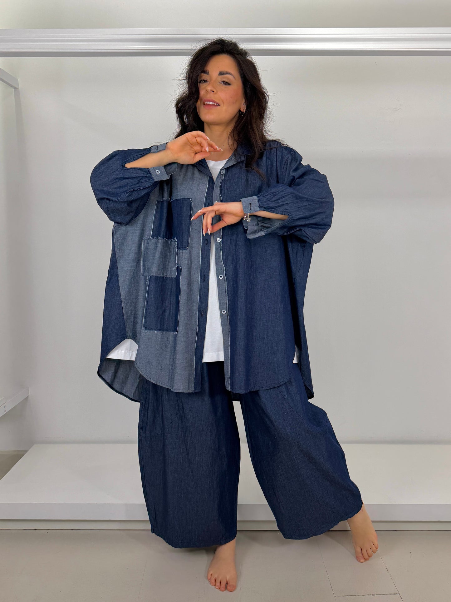 Pantalone jeans chambray gamba larga ovetto