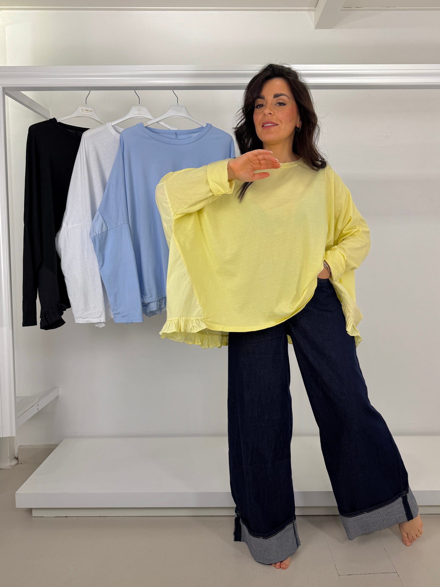 Maglia due tessuti con frappina - manica lunga