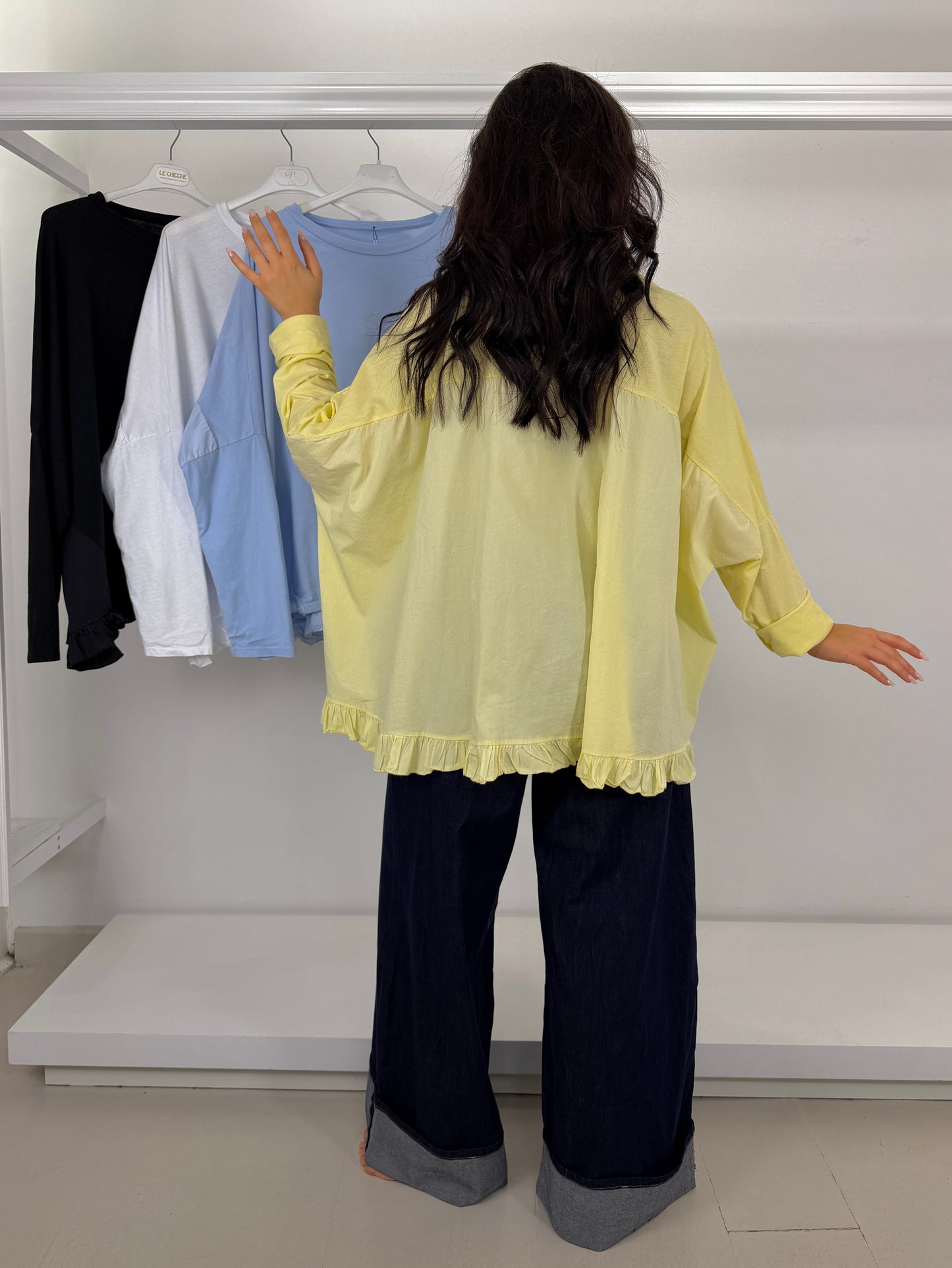 Maglia due tessuti con frappina - manica lunga