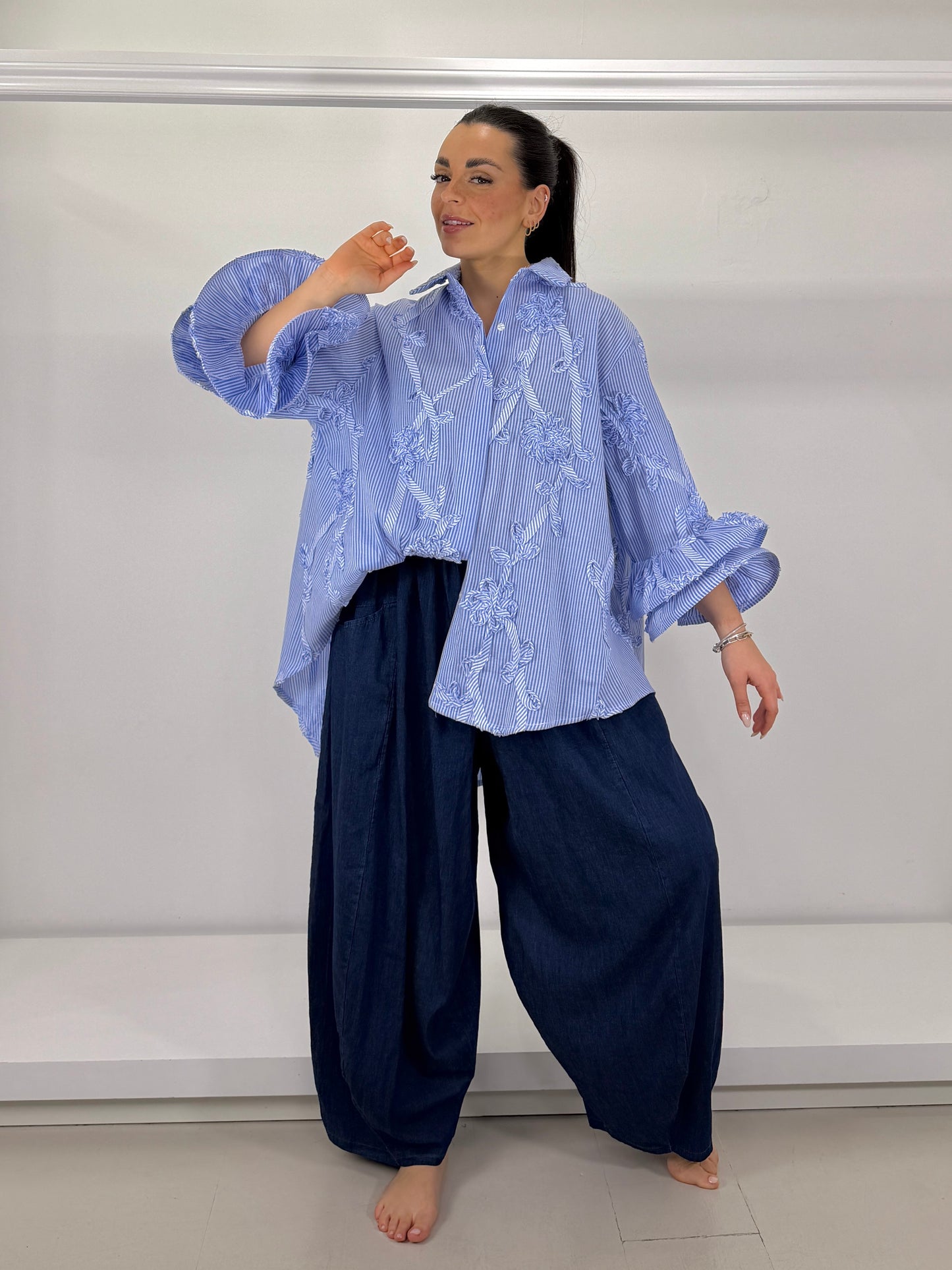 Pantalone jeans chambray tasche a nido