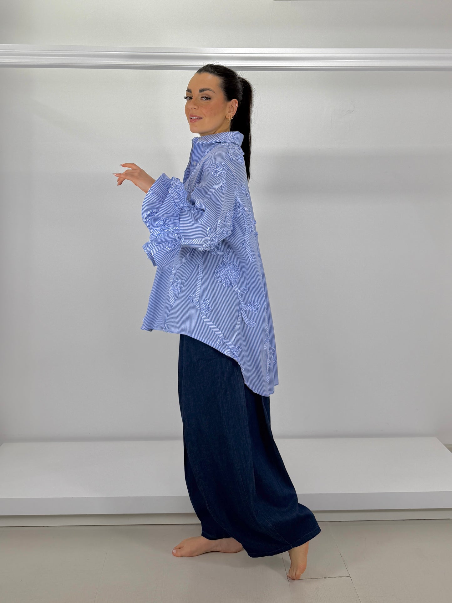 Pantalone jeans chambray tasche a nido