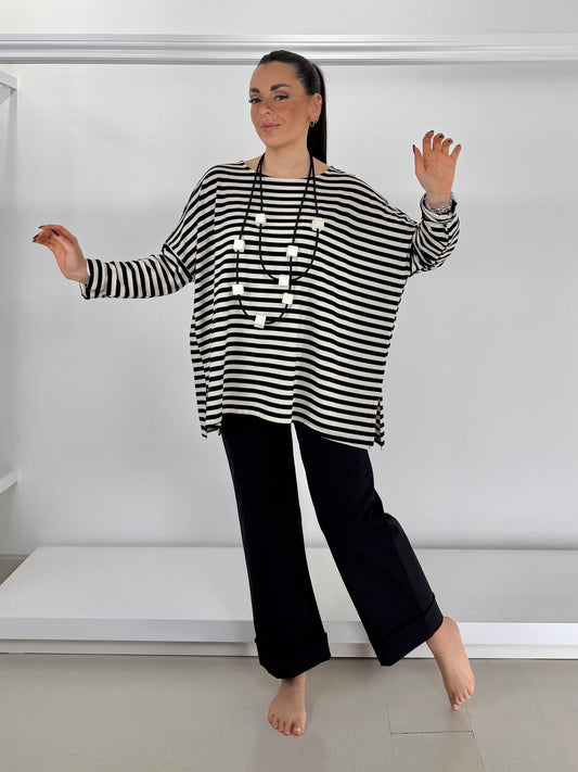 SUN SUN Maglia scatoletta garzata a righe con spacchetti