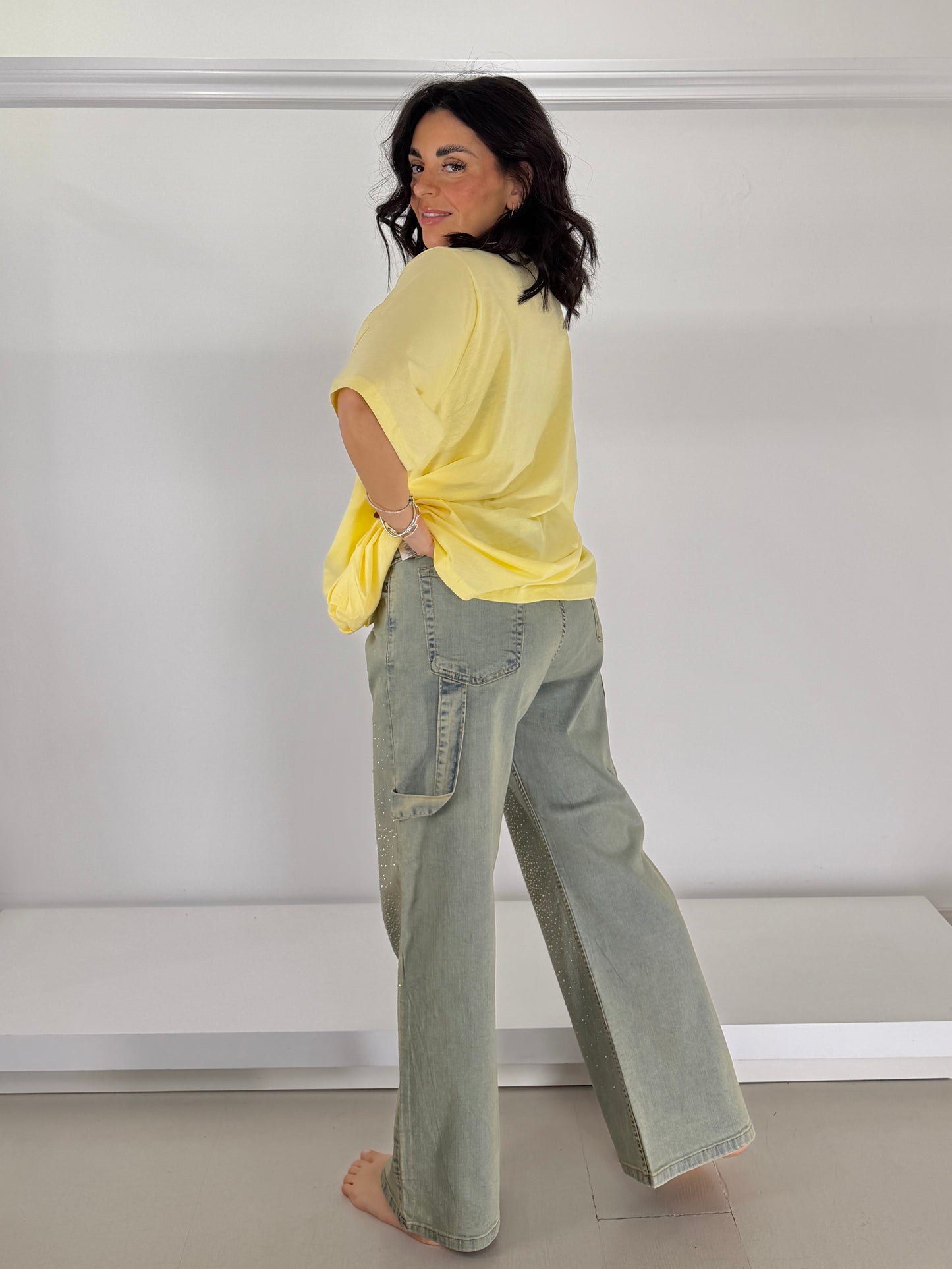 SOPHIA Jeans marmorizzato thè con strass