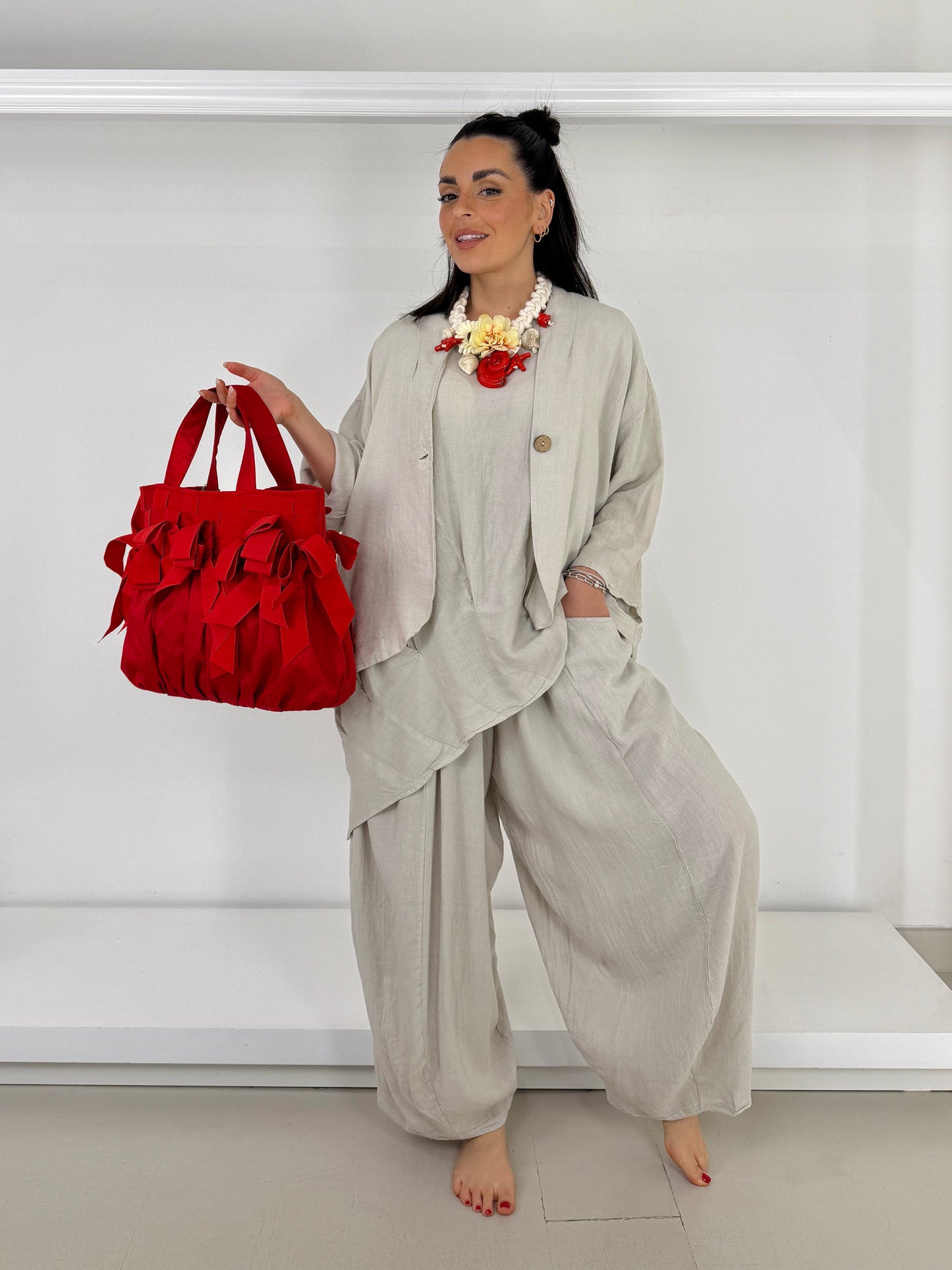 Pantalone ovetto tasche a nido misto lino