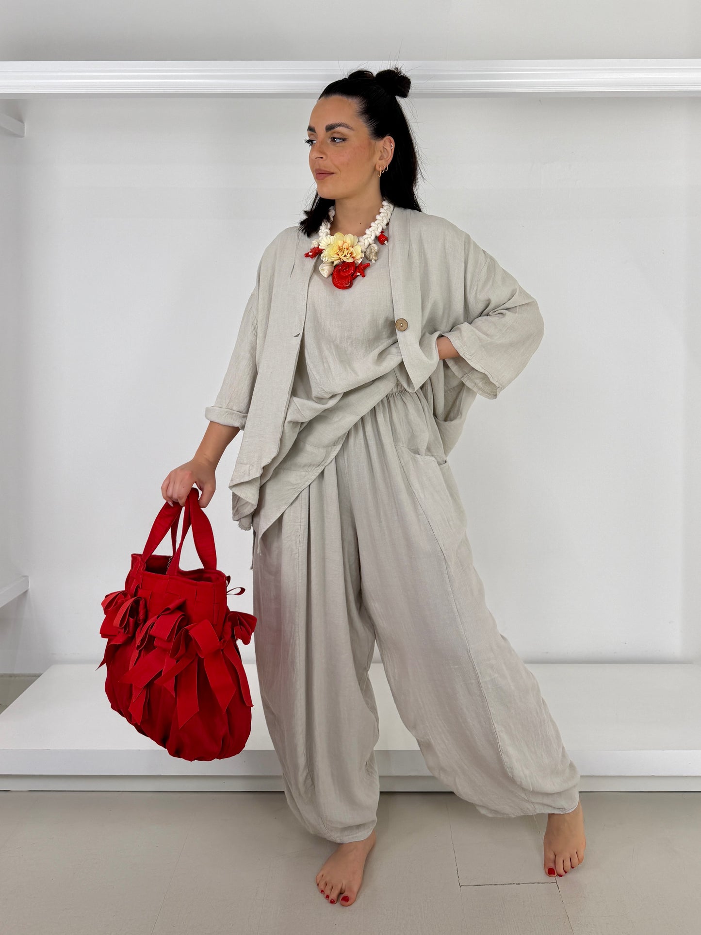 Pantalone ovetto tasche a nido misto lino