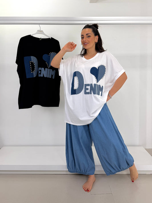 T-shirt scritta denim con punti luce