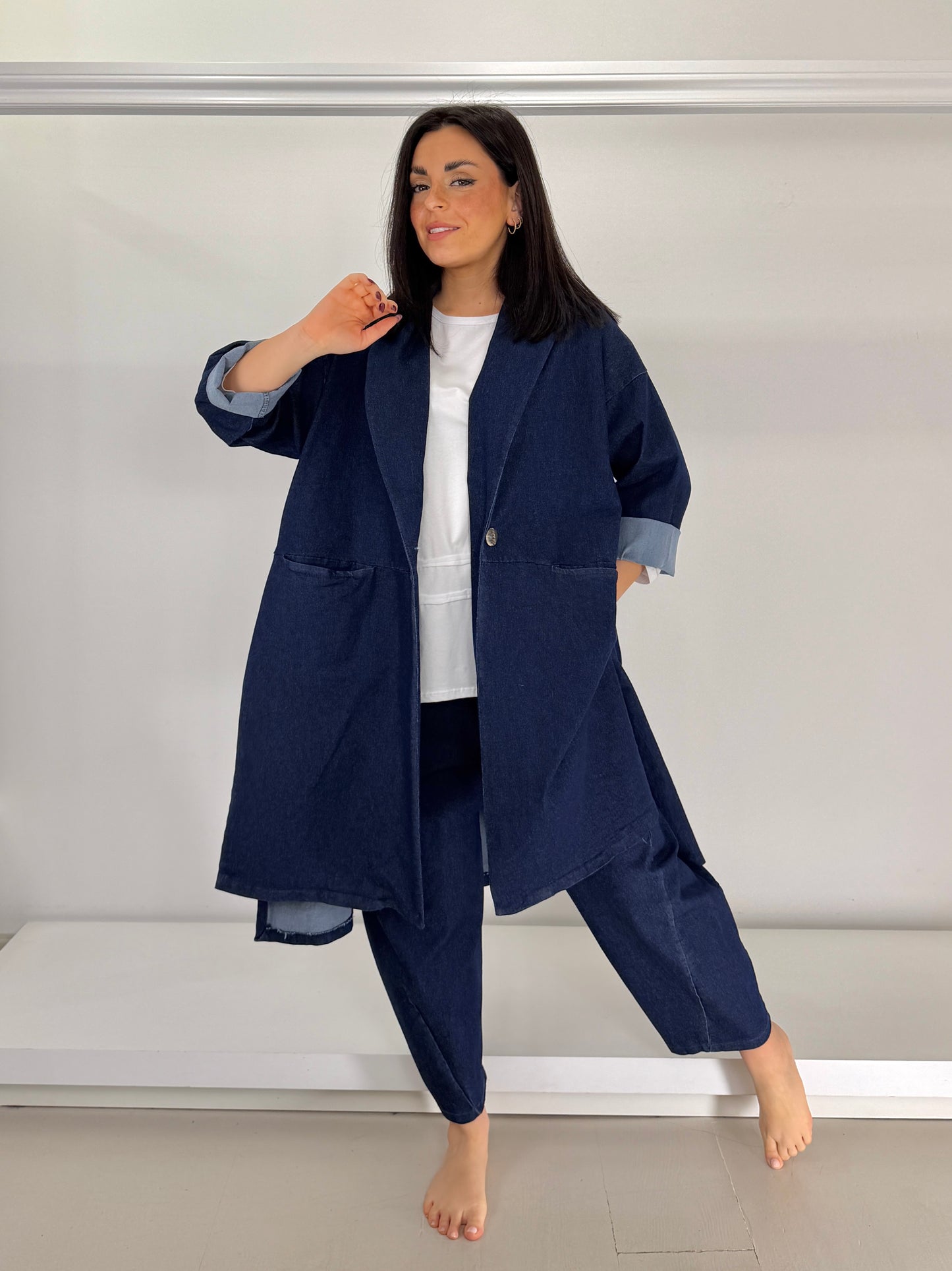 Spolverino jeans trapezio con spacchi