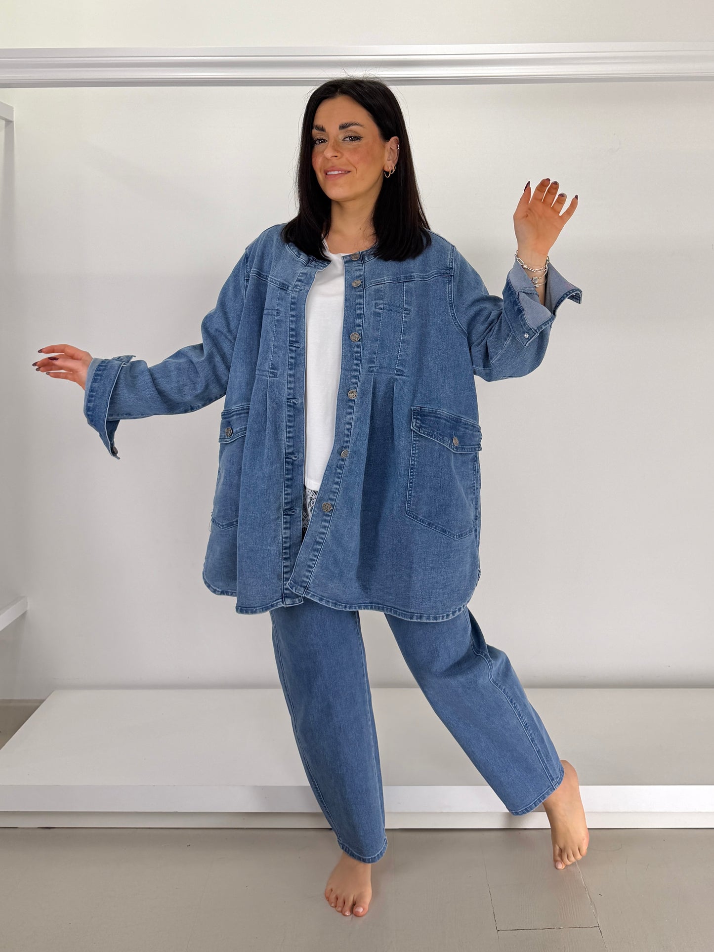 NOEN giacca jeans elasticizzato svasata con tasche (catalogo)