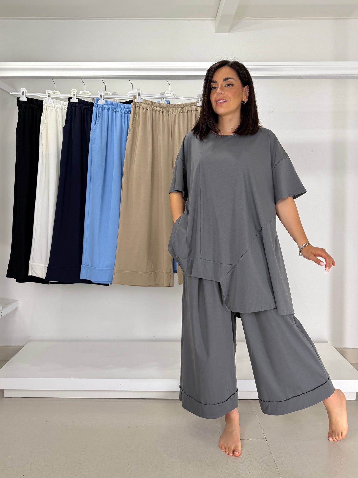 Pantalone over gamba dritta in maglina di cotone