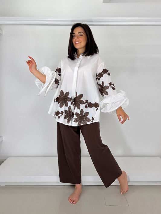 Camicia manica volant fiori ricamati