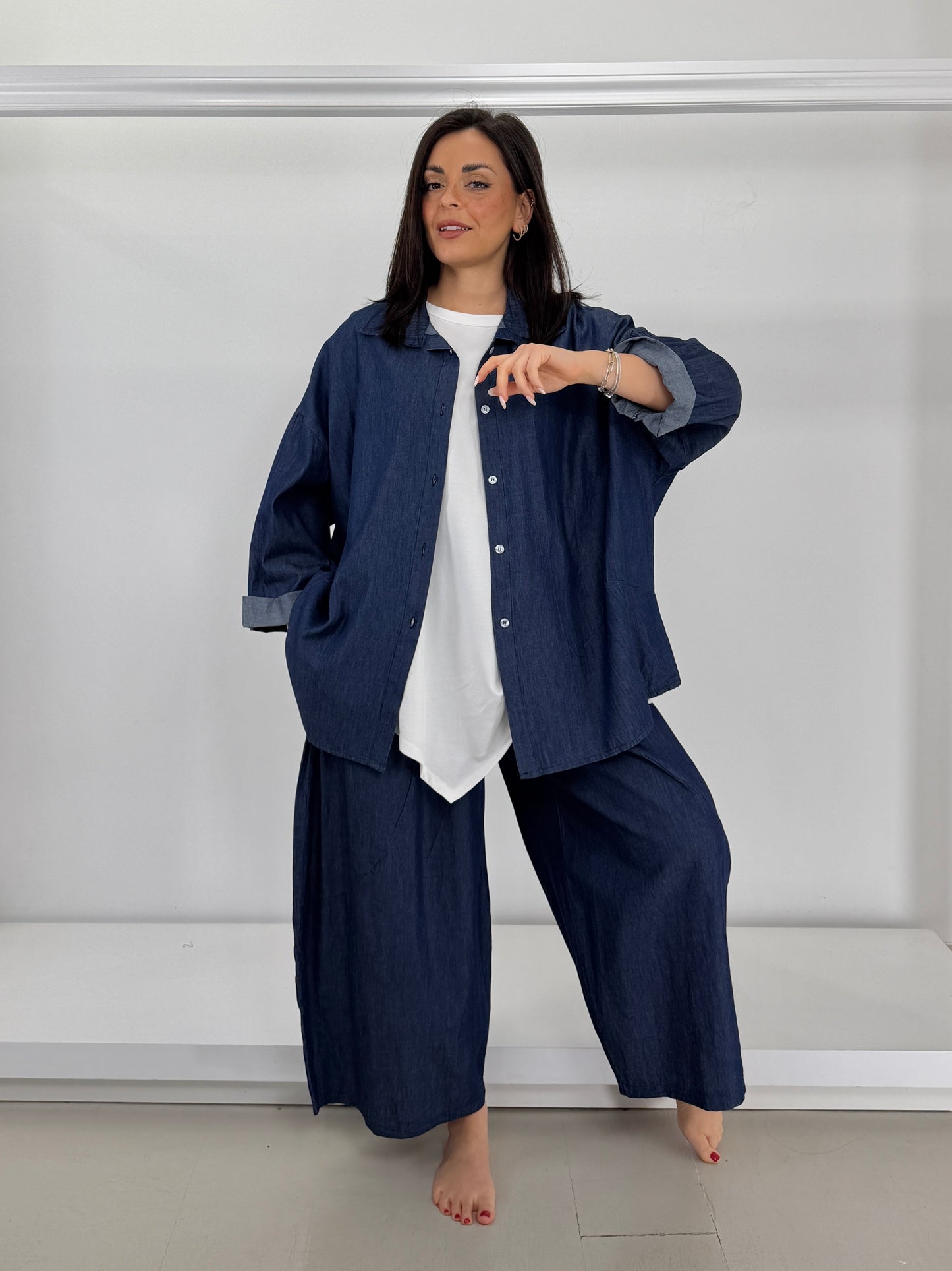 Pantalone jeans chambray gamba larga ovetto