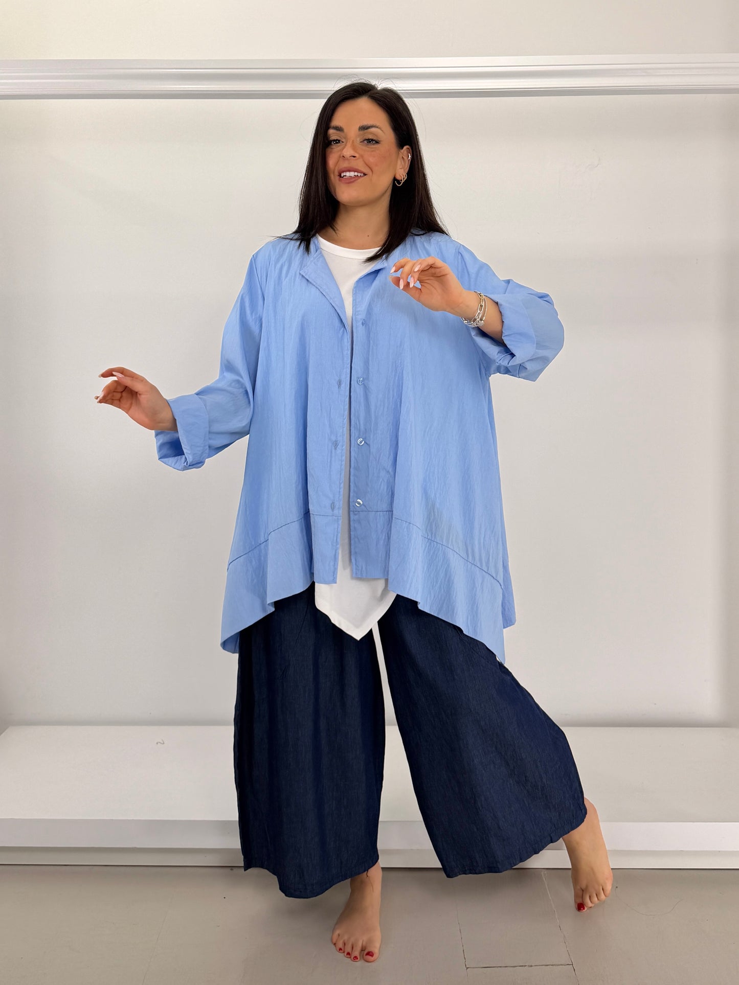 Pantalone jeans chambray gamba larga ovetto