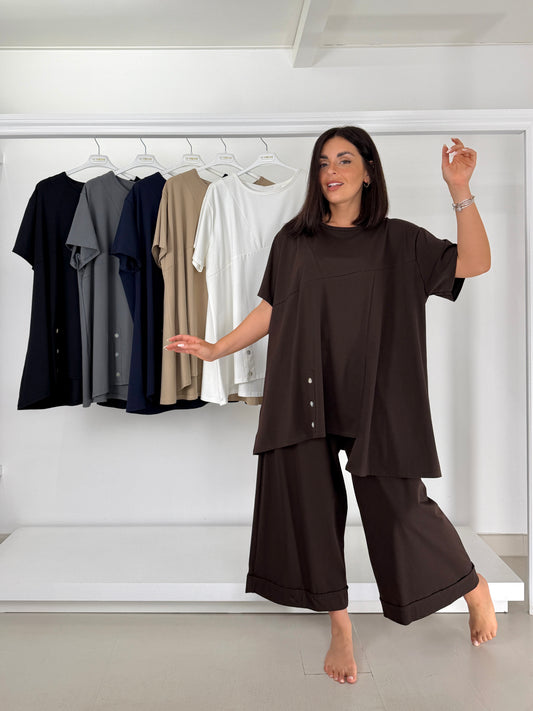 Pantalone over gamba dritta in maglina di cotone