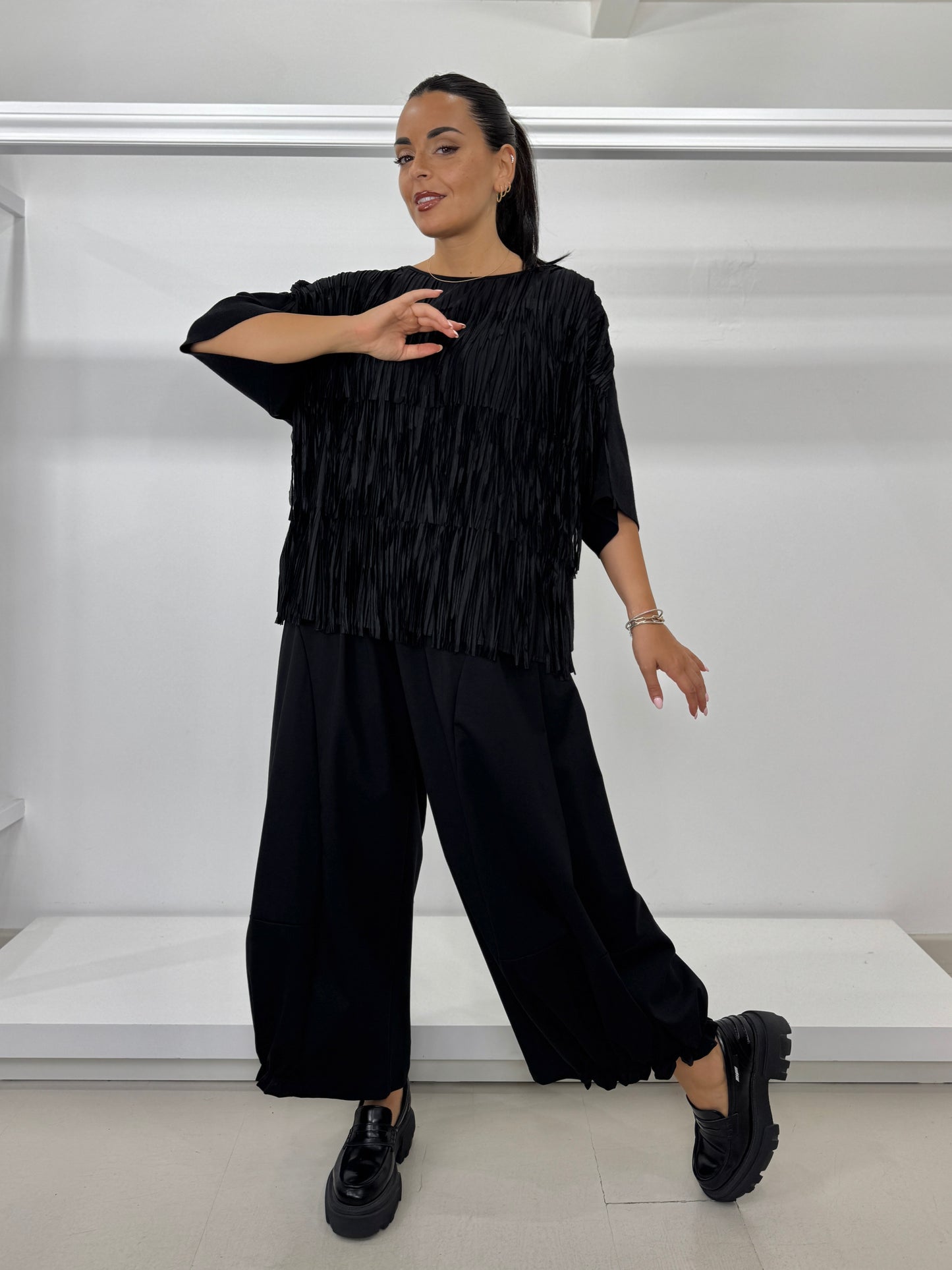 Pantalone fondo arricciato punto milano cotone