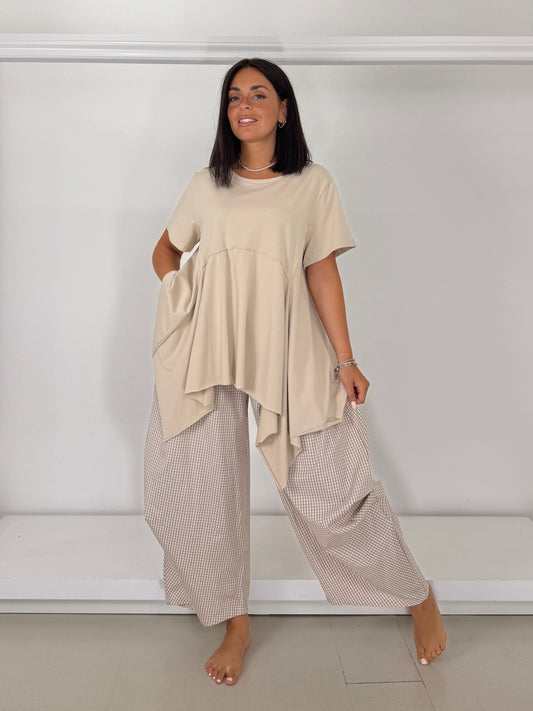 Pantalone con drappeggio in cotone leggero - vichy beige