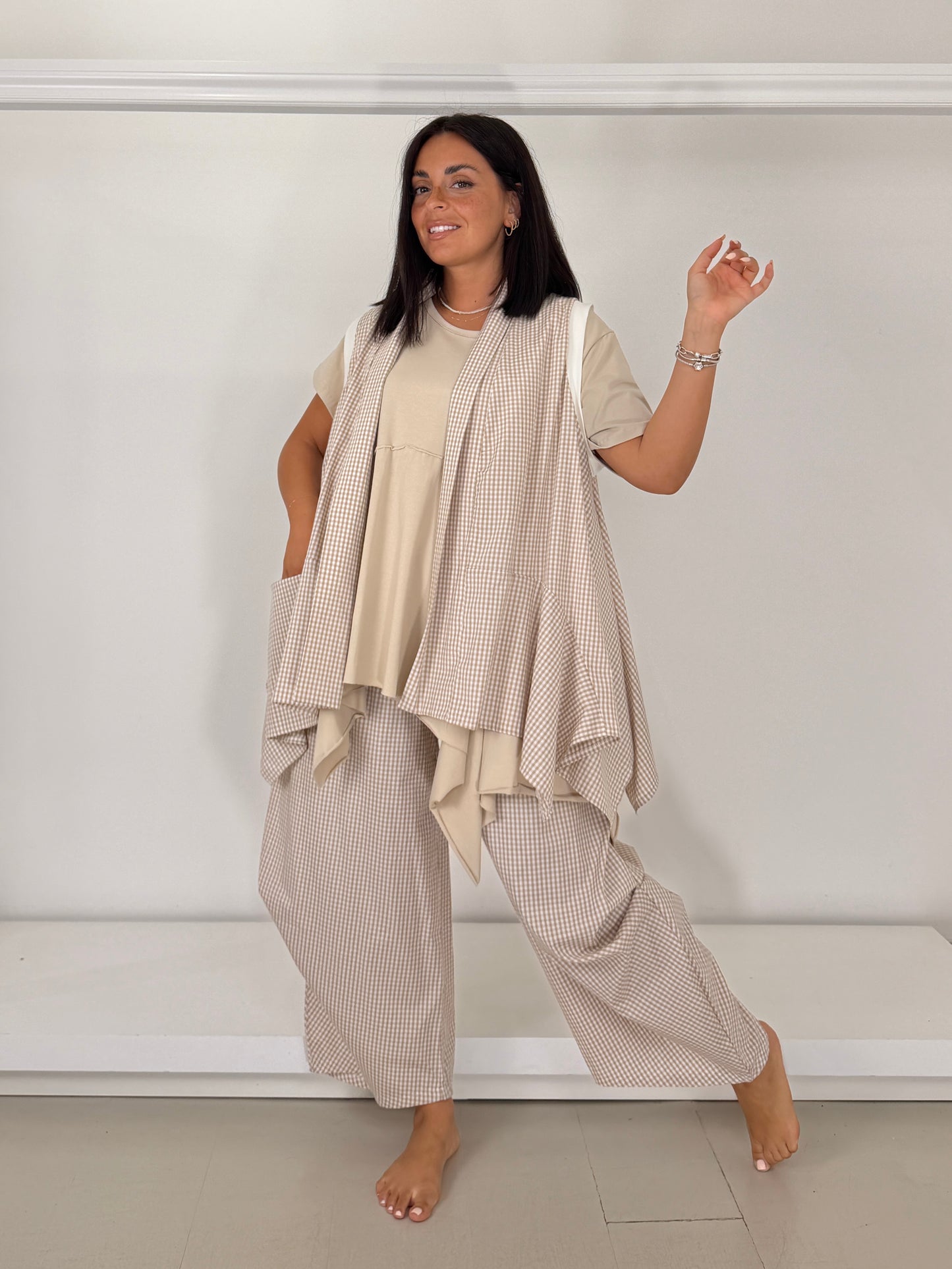 Pantalone con drappeggio in cotone leggero - vichy beige
