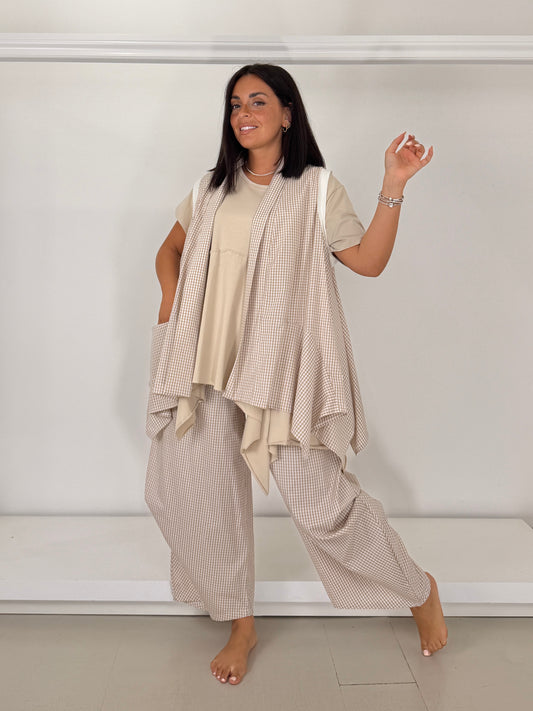 Gilet trapezio in cotone leggero - vichy beige
