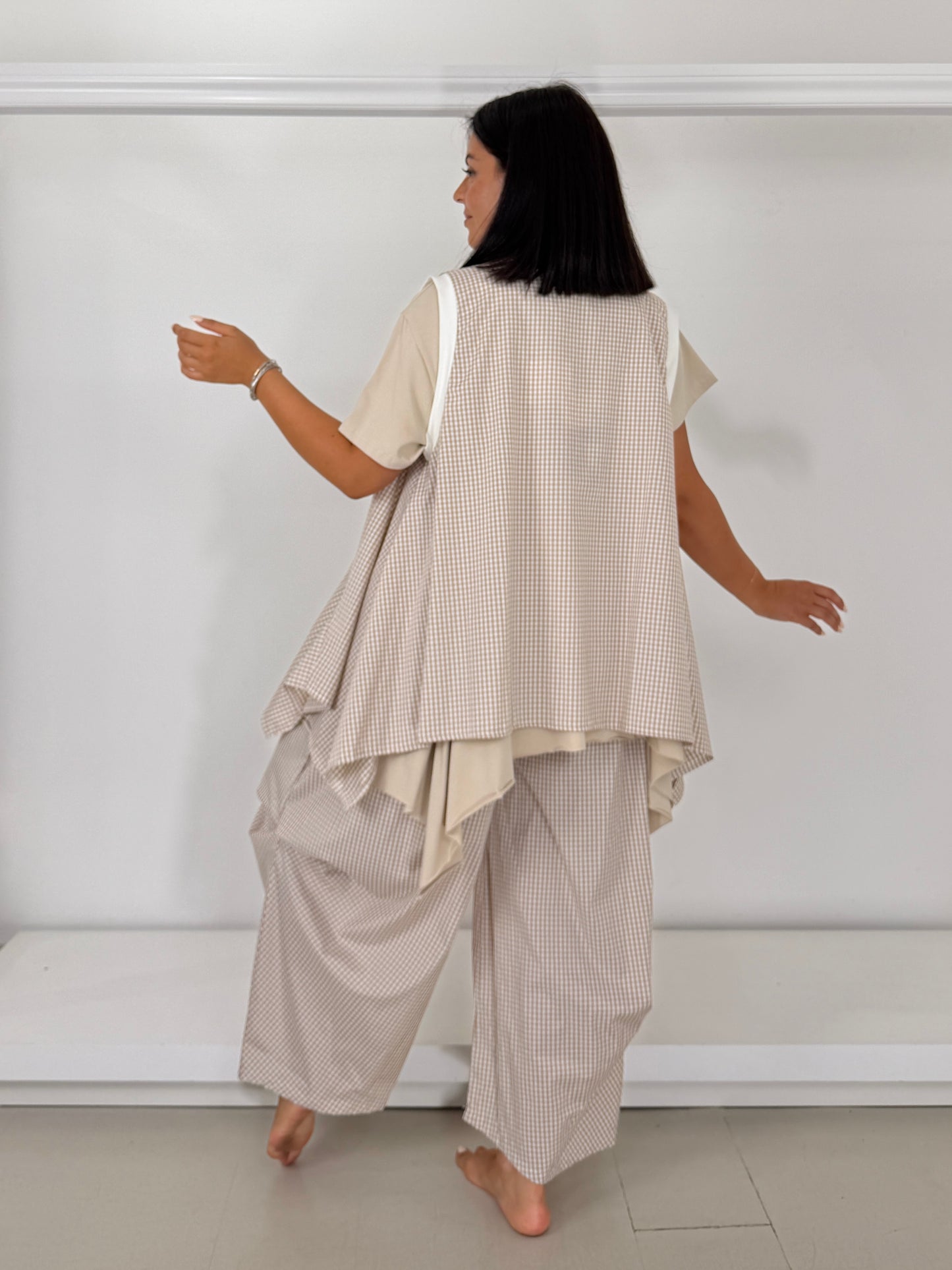 Gilet trapezio in cotone leggero - vichy beige