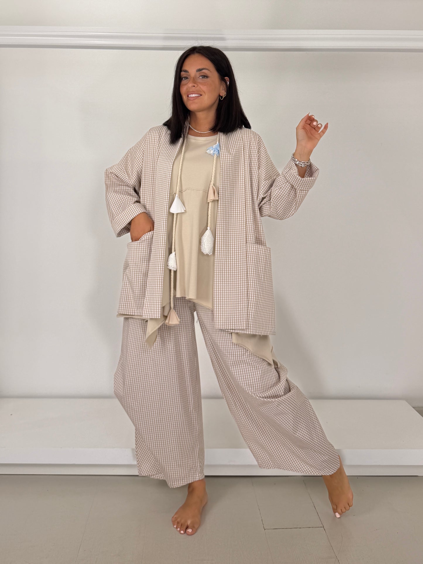 Giacca con coulisse dietro - vichy beige