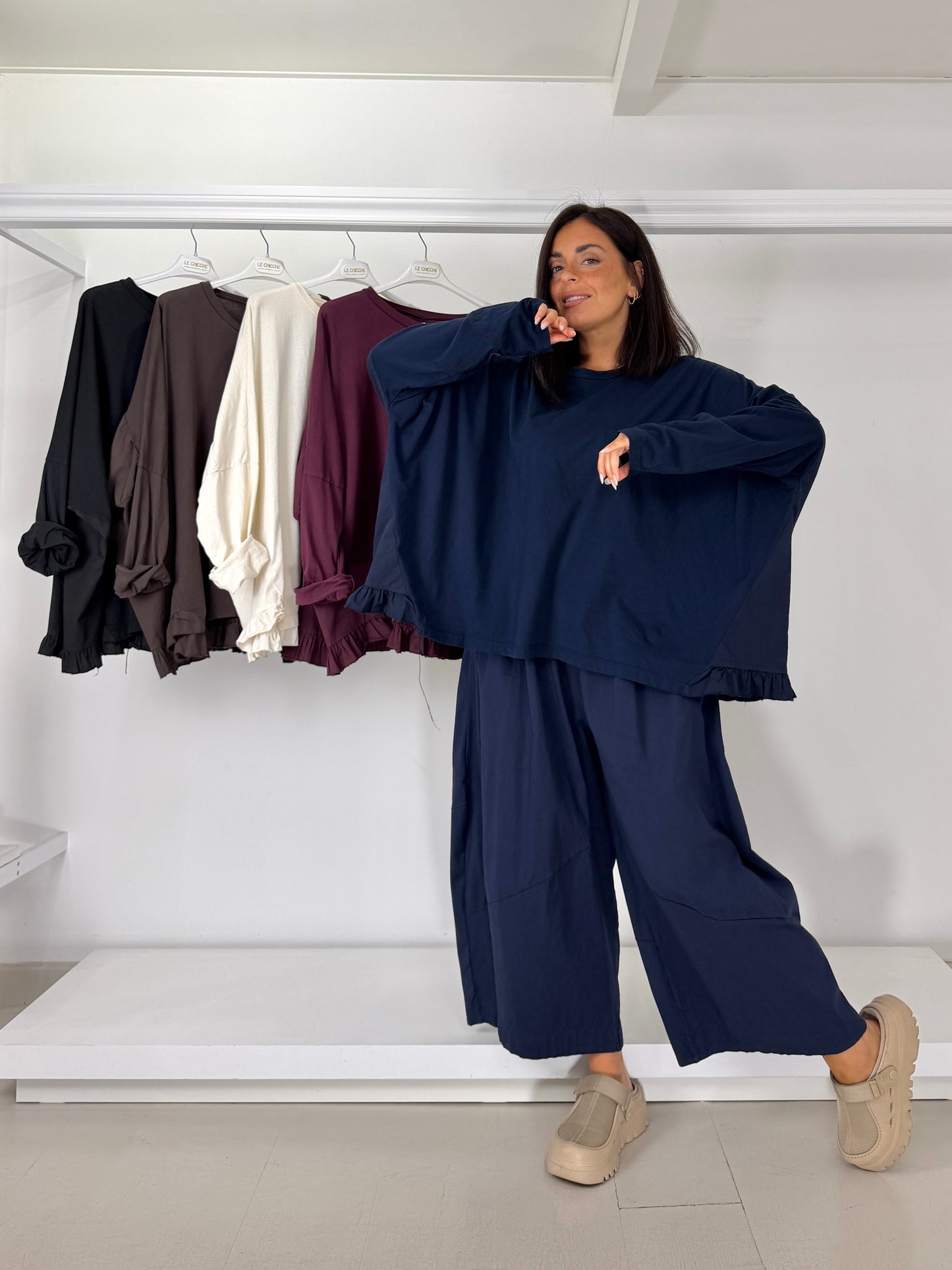Maglia due tessuti con frappina manica lunga