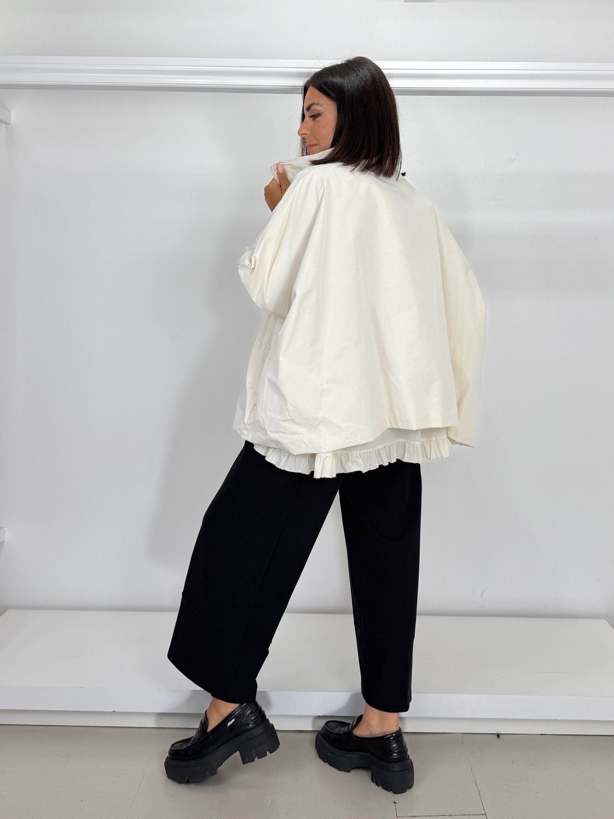 Maglia due tessuti con frappina manica lunga