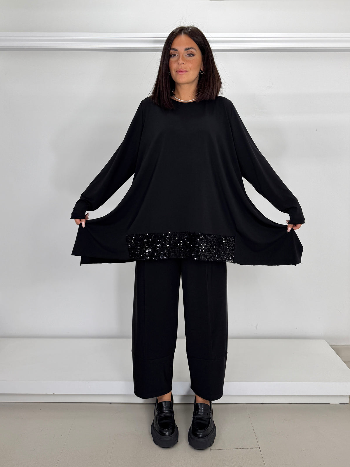 DOLCEMENTE CURVY casacca tessuto scivolato inserto paillettes