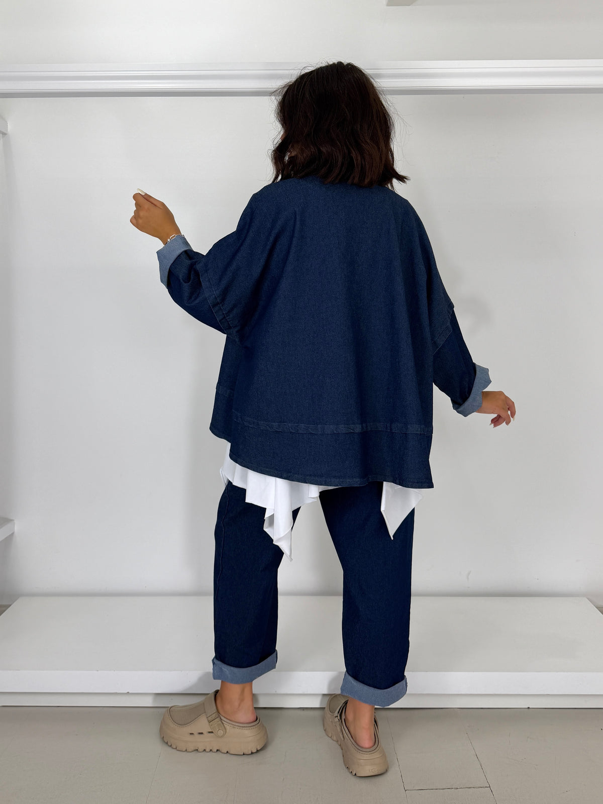 Giacca scatoletta motivo manica jeans elasticizzato
