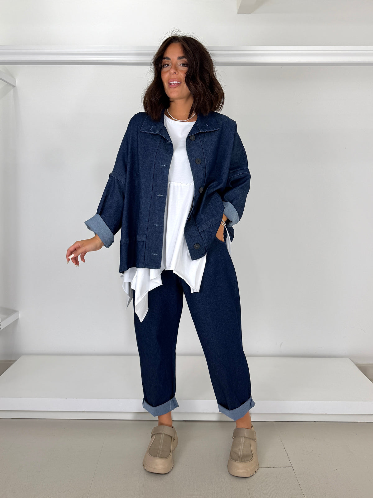 Giacca scatoletta motivo manica jeans elasticizzato