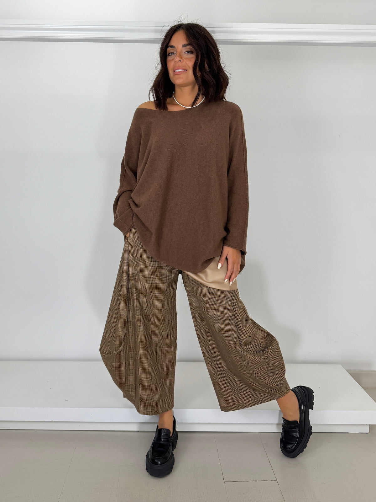 Pantalone baloon quadri - fondo camel